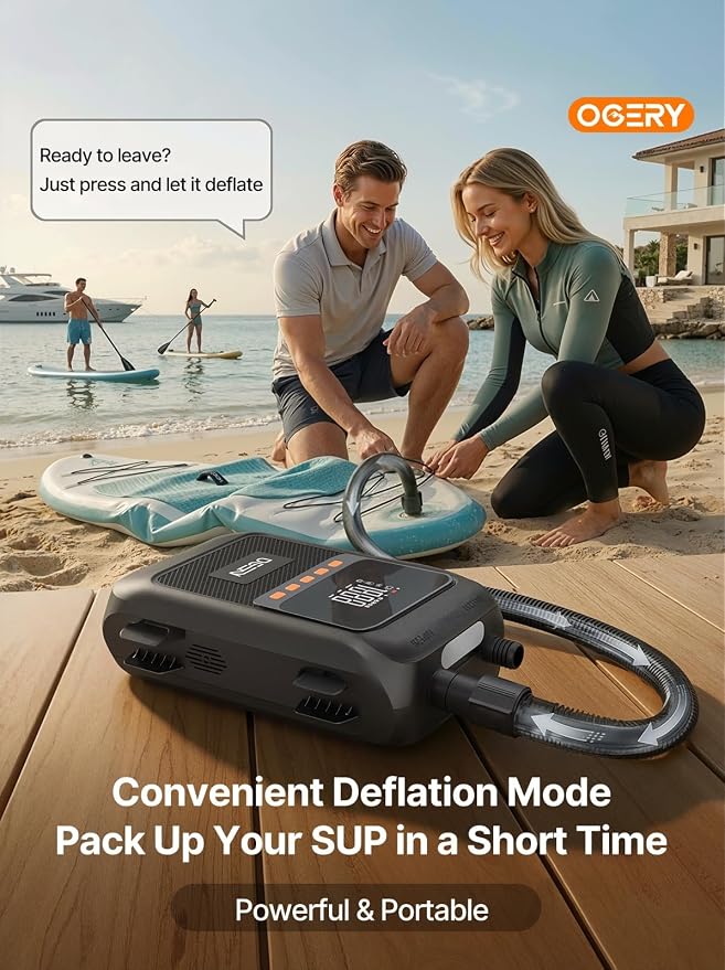 OGERY Paddle Board Electric Pump, 3X Faster Inflation & Deflation, Dual Power SUP Pump with Smart Auto-Off, Up to 20 PSI, Digital Pressure Display, 7 Nozzles for SUP Kayaks Tents Air Mattresses Boats