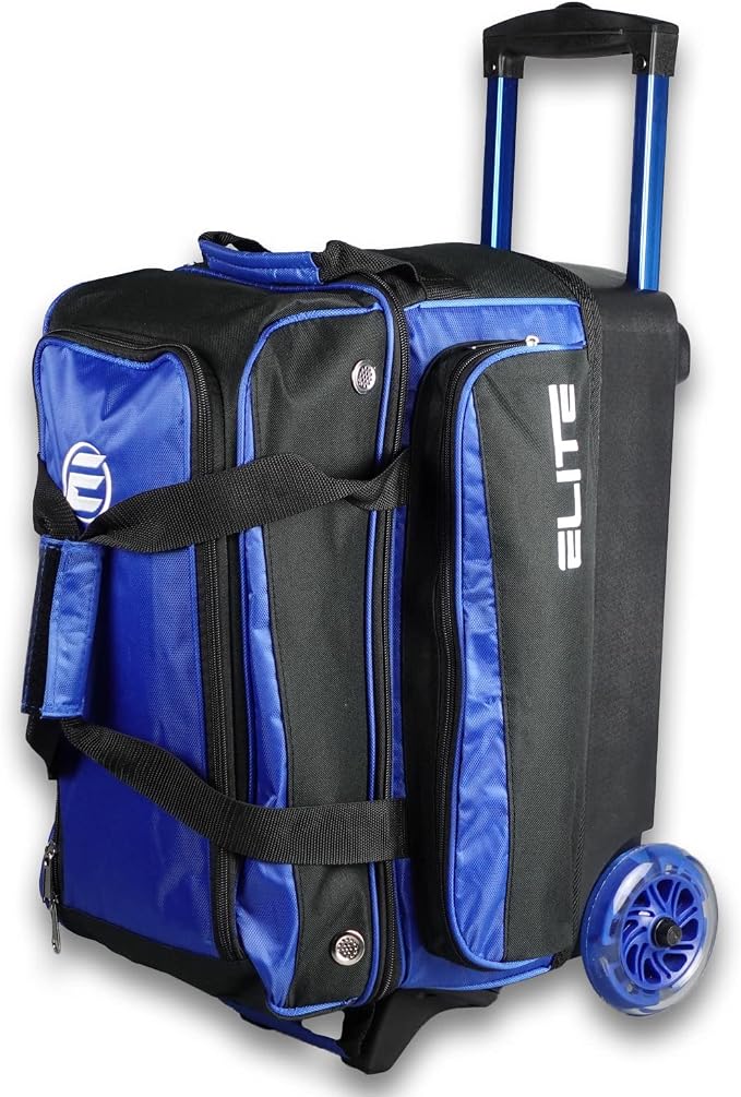 ELITE Deluxe 2 Ball Bowling Bag with 5" Smooth Wheels - Large Accessory Pocket, Shoe Compartment, 36" Extendable Handle