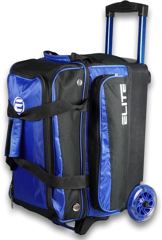 ELITE Deluxe 2 Ball Bowling Bag with 5" Smooth Wheels - Large Accessory Pocket, Shoe Compartment, 36" Extendable Handle