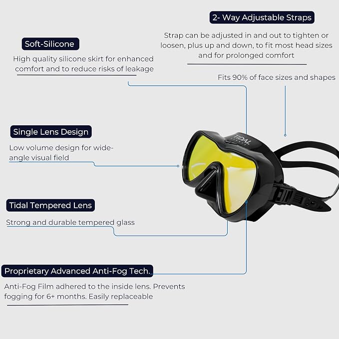 Tidal Mask-Advanced Anti Fog Diving Mask for Scuba Diving, Snorkeling, Free Diving&Swimming. Wide-Angle Tempered Glass Single Lens.