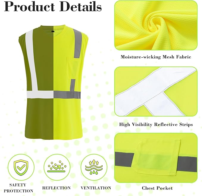 Amylove 4 Pcs Hi Vis Sleeveless Reflective Shirt for Men Class 2 Construction Work Shirts with Pockets for Men Women