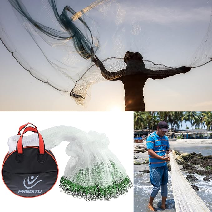 Nylon Multfilament Cast Net, American Style Hand Throwing Fishing Net for Saltwater and Freshwater, 3/8 Inches Mesh
