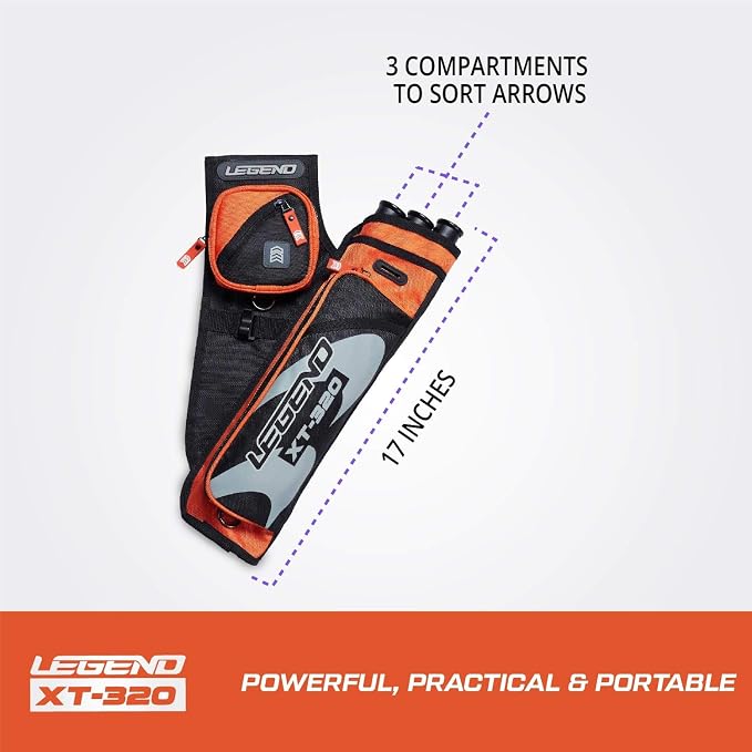 LEGEND XT320 Archery Quivers - Nylon Hip Quivers with 3 Arrow Tube Cases for Target Shooting - Adjustable Waist Belt, T-Slot, Storage Compartments for Accessories, Gear, Tools, Release Tab, Score Card