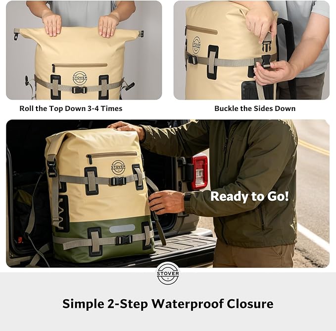 STOVER 55L Waterproof Dry Backpack & Phone Case - 2XL Floating Dry Bag for Kayaking, Travel, Hiking, Fishing, Camping, Motorcycles & Beach, Heavy-Duty Roll Top Men/Women (Tan/Army Green/Brown)