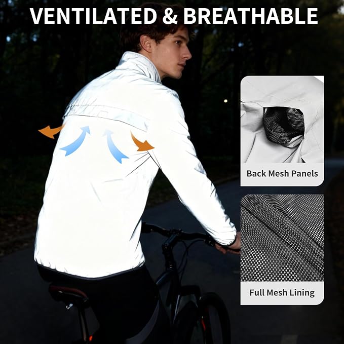 WOSAWE Men Reflective Jacket Night Glowing Bomber Jacket MTB Cycling Windbreaker Travel Sport Coat