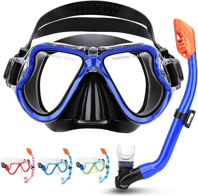 Snorkeling Gear for Kids, 4 in 1 Child Mask Fins Snorkel Set with Panoramic View Anti Fog Mask, Dry Top Snorkel, Trek Fins and Travel Bag, Kids Snorkeling Set with Fins for Snorkeling Swimming