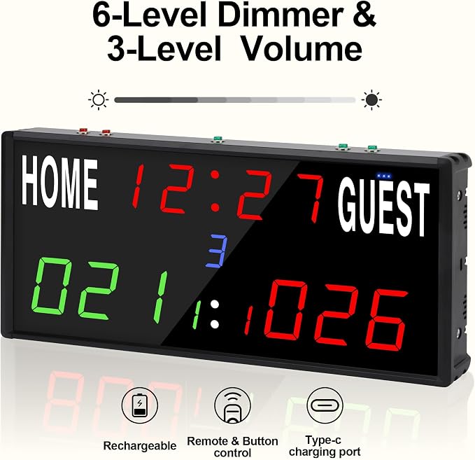LED Electronic Scoreboard Digital Score Keeper with Remote/Timer/Shot Clock,Portable Basketball Scoreboard with 40-Foot Remote Control ,100FT VISIBLE,24H Clock,Score History,6 Brightness,3 Placements