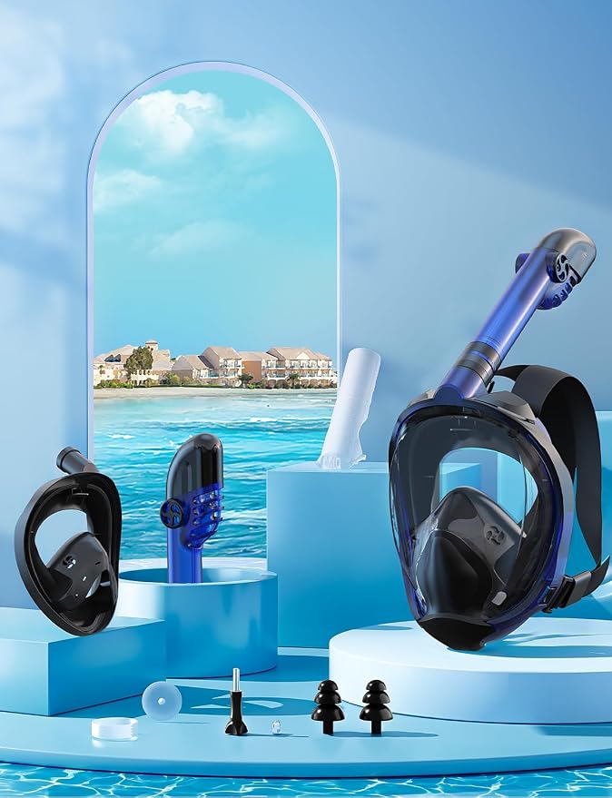Full Face Snorkel Mask for Adults, 180° Panoramic Anti-Fog Snorkeling Gear with Dry Top System & Camera Mount, Foldable Anti-Leak Design for Travel, Swimming & Ocean Snorkeling