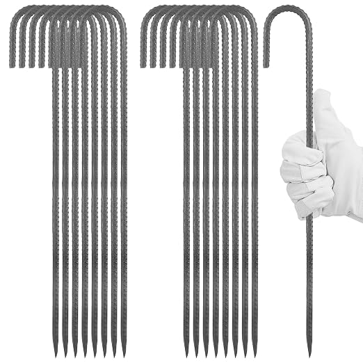 16 Pcs 16 Inch J Hook Rebar Stakes, 5/16" Diameter Chain Link Fence Stakes Tent Stake with Chisel Point End, Ground Anchors for Camping Inflatables Canopies Swing Sets Yard Decorations