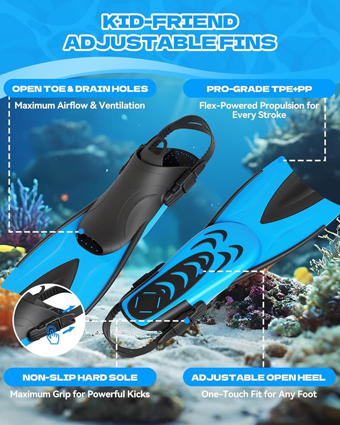 Aegend Snorkeling Gear for Kids Youth – 4-in-1 Snorkel Set with Anti-Fog Mask, Dry Snorkel & Adjustable Fins for Swimming, Diving, Snorkeling, Beach Vacation – Includes Travel Mesh Bag