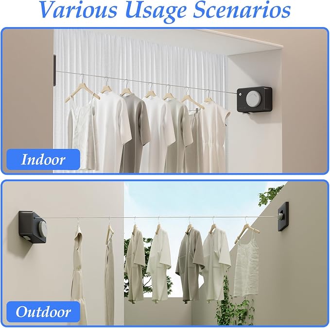 Danpoo Retractable Clothesline Heavy Duty - 13.8ft Adjustable Tension Wall Mounted Indoor Outdoor Clothes Drying Line, Compact Laundry Rope with Pulley System (Black)
