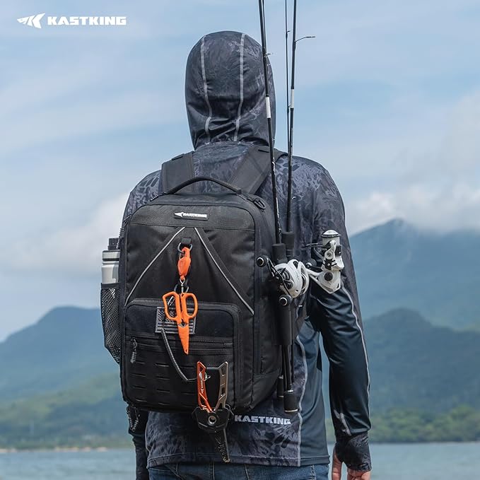 KastKing KarryAll KastMate Fishing Tackle Backpack,Water-Resistant Tackle Bag With 2 Rod Holders,Fishing Gear and Equipment With Large Gear Storage,Black