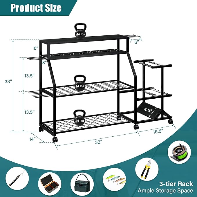 TC-HOMENY Large Fishing Rod Holders for Garage Fits for 12 Rods, 4-Tier Fishing Pole Rack Cart with Enlarged Shelves, Fishing Gear Tackle Organizer Storage Cart with Wheels for Garage, Outdoor, Black
