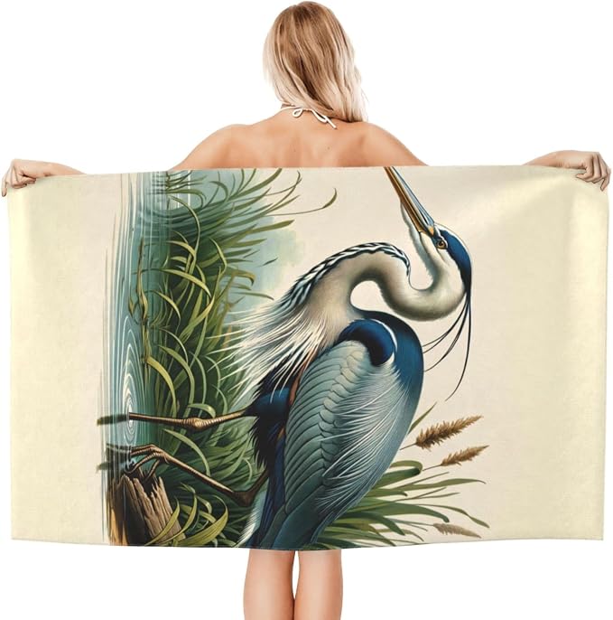 Retro Blue Heron Beach Towel, 32x52in Microfiber Quick Dry Nature Bird Vintage Bath Towels, Soft Lightweight Oversized Sand Free, for Travel Pool Swimming Gym Decor, Gifts