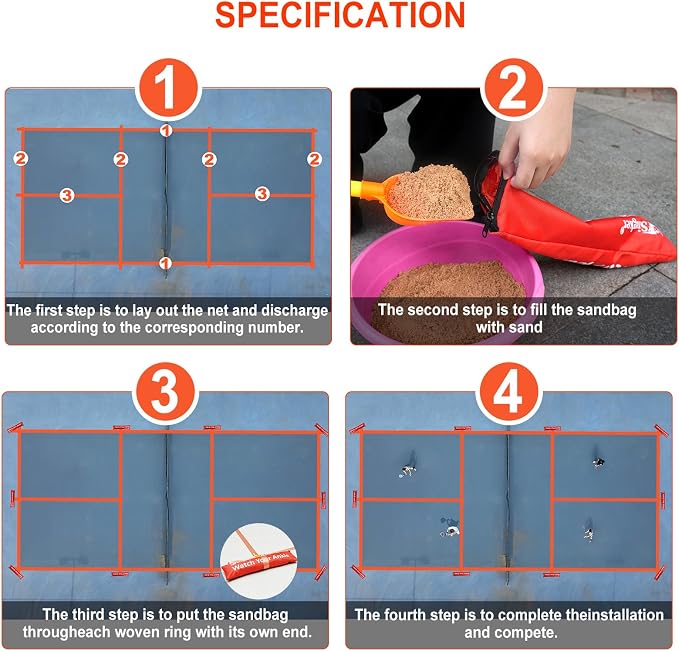 PortablePickleball Court Marking Kit,Innovative, 10 Zippered sandbags Keep thewind from Messing Around,Temporary Pickleball Boundary Lines, 8 Nylon webbings, Net Not Included