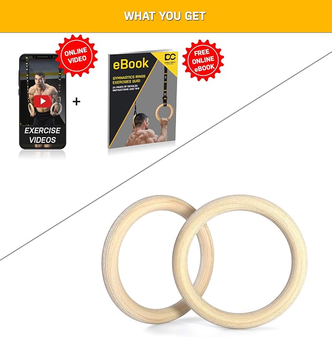 Double Circle Wood Gymnastic Rings (Rings Only) and Exercise Videos Guide for Gym, Compatible with Crossfit, and Bodyweight Training