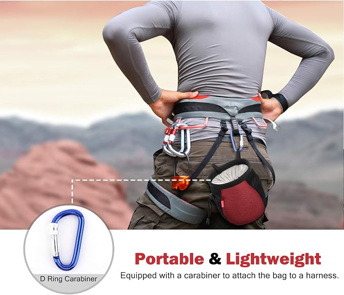 Rhino Valley Climbing Chalk Bag, No Leak Drawstring Chalk Bag with Adjustable Belt, Carabiner Clip and Zippered Pockets Chalk Bag for Rock Climbing, Cross Fit, Weight Lifting & More