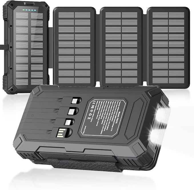 Solar Charger Power Bank 49800mAh with 4 Built-in Cables & 4 Foldable Panels, PD22.5W Fast Portable Phone Charger, External Battery Pack with USB-C in/Output & Flashlight for Outdoor Camping