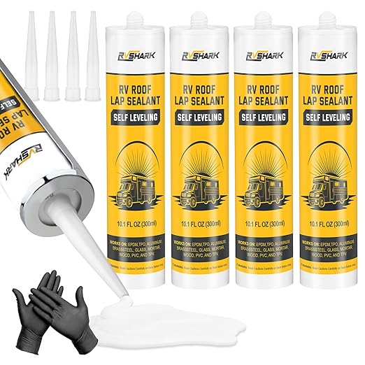 RV Roof Sealant 4 Pack, 30 Seconds Self Leveling Lap Sealant – White, Fast Curing Waterproof Flexible Caulk RV Sealant with Gloves for Camper Trailer Roofs Maintenance Repair