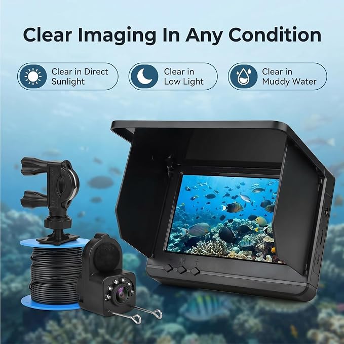 Underwater Fishing Camera with Infrared Night Vision, IP67 Waterproof Portable Fish Finder for Ice Fishing, Kayak, Boat, River & Lake