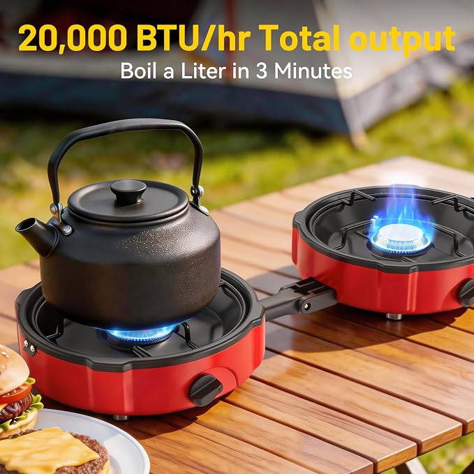 2 Burner Propane Camping Stove, 20000 BTU Foldable Portable Camp Stove with Piezo Ignition & Adjustable Burners, Outdoor Gas Cooker with Carry Bag for Camping, RV, Tailgating & Emergency Use