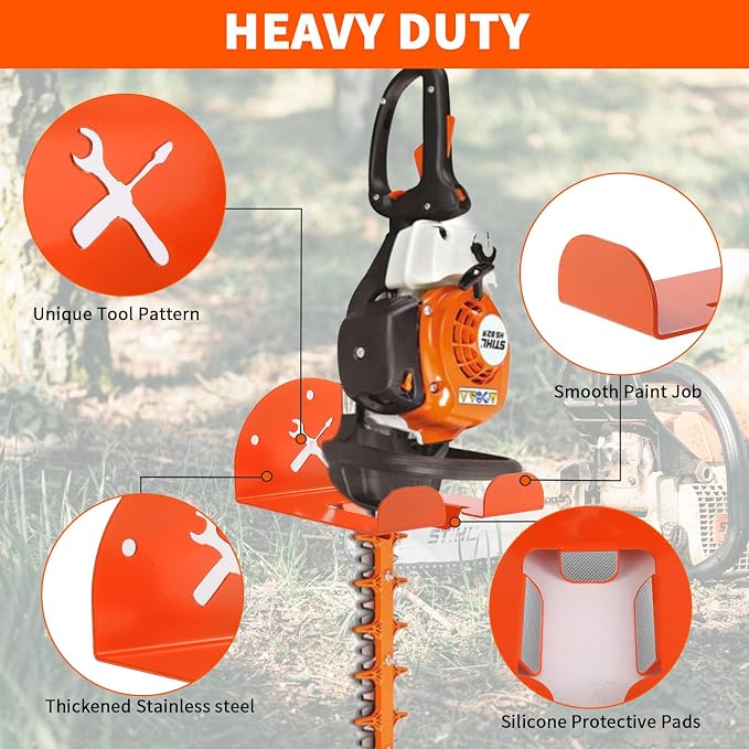 Upgraded Trimmer Rack Wall Mount - 8" Heavy Duty Weed Eater Hanger for Garage Wall, Garden Power Tool Holder Organizer Hooks for Grass Trimmer, Hedge Trimmer, Leaf Blower and Chainsaw, Orange, 1 Pack