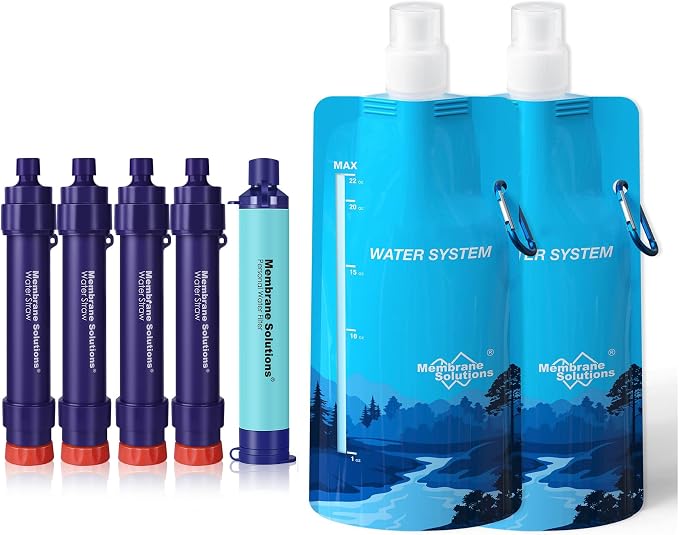 Membrane Solutions S2 Detachable Water Filter Straw (Pack of 4) with 23oz Collapsible Squeezable Water Filtration System.