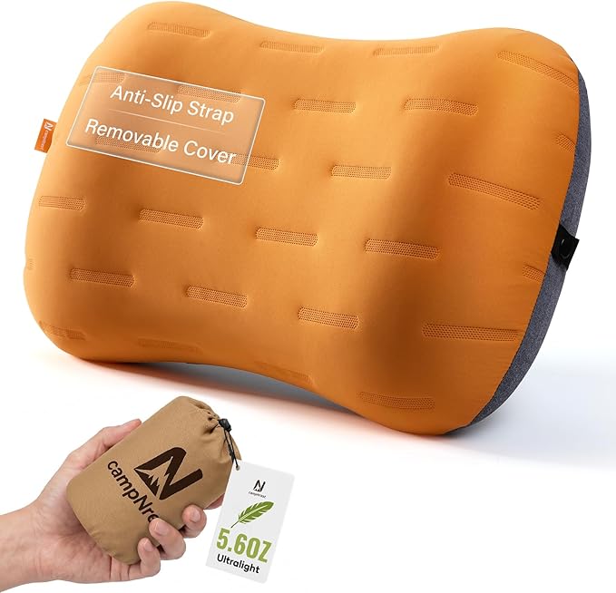 Inflatable Camping Pillow - Ultralight Compact Air Pillow for Travel, Backpacking & Hiking - Ergonomic Neck & Lumbar Support - Portable Inflatable Pillow with Removable Washable Cover - (Orange)
