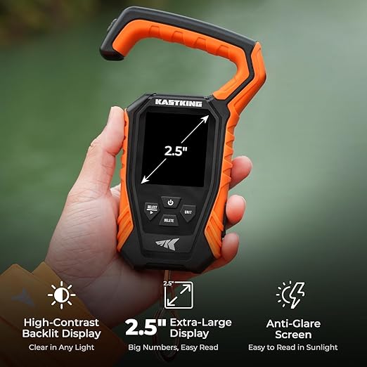 KastKing Weighmaster Mechanical-Digital Fishing Scale with Lip Gripper, 120 lb Capacity, 2.5" Backlit Display, High-Precision Sensor, 9 Weight Memory, Temperature Detection, IPX6 Waterproof