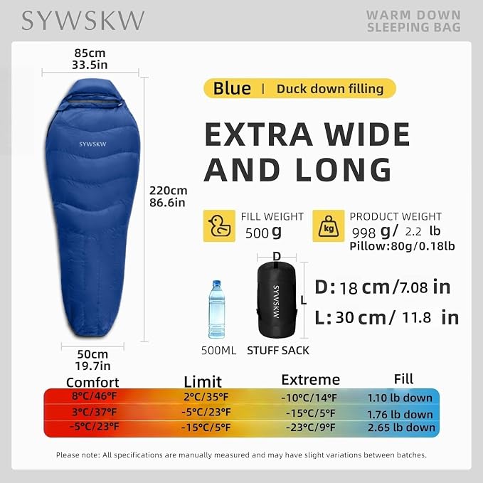 Down Sleeping Bag with Pillow for Backpacking,15℉ 5℉ 0℉ Wide Down Sleeping Bag (86.6 in x 33.5 in) for Adults,Youth Camping and Hiking Outdoor with 680FP Duck Down