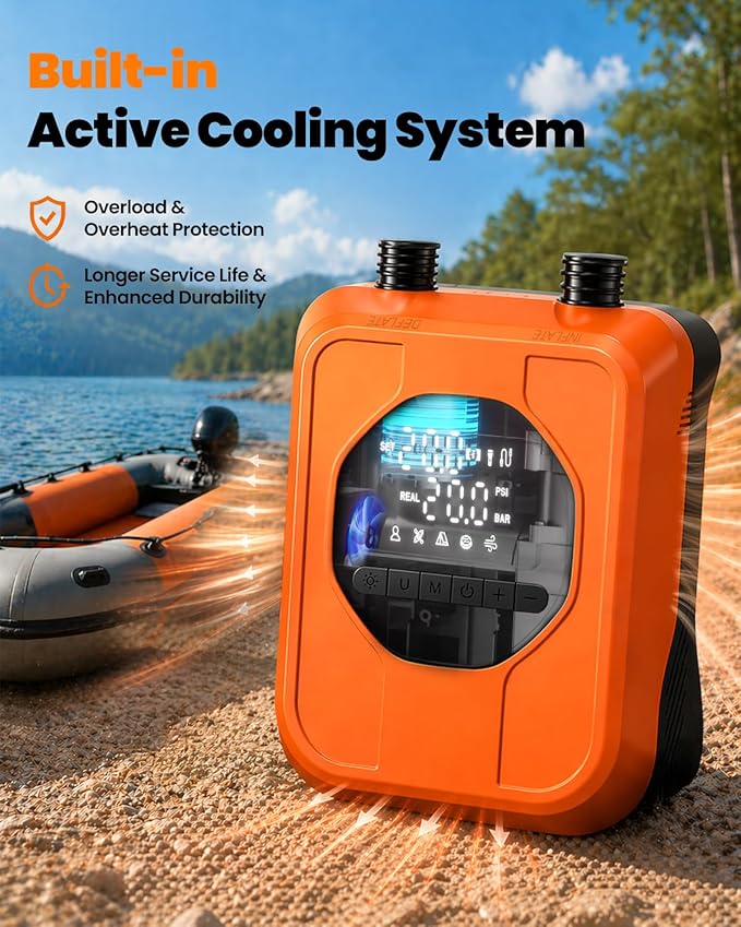 12V Car-Powered Paddle Board Pump, Electric SUP Pump with Auto-Off, Dual-Stage Fast Inflation to 20 PSI, Inflate/Deflate Air Pump with 7 Nozzles for Paddle Boards, Kayaks & Inflatables