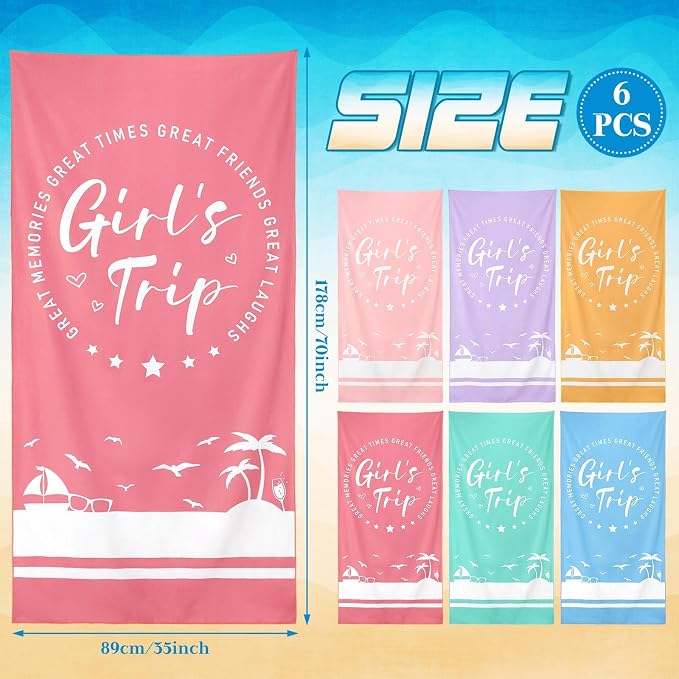 Patelai 6 Pcs Girls Trip Beach Towels Girls Trip Gifts Lightweight Microfiber Oversized 35 x 70 Inches Towels Quick Dry Colorful Easy Pack for Swimming Pool Camping Women Adult Vacation (Novelty)