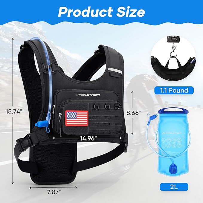 Maelstrom Hydration Vest with 2L Water Bladder Backpack for Running Hiking | Chest Pack, BPA-free, High Flow Bite, Reflective Stripe, Helmet Buckle, Detachable, Breathable Pad, for Cycling, Marathon