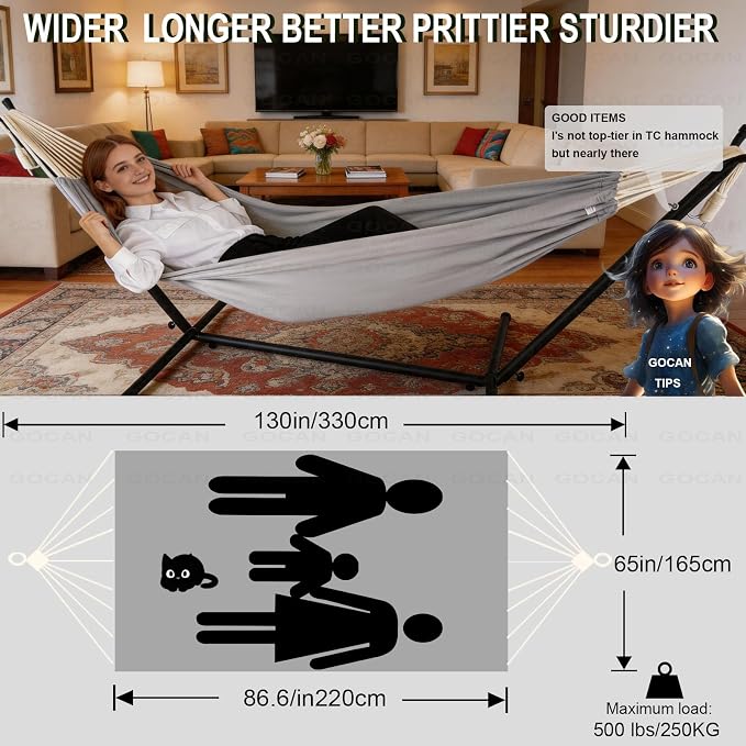GOCAN Brazilian Double Hammock 2 Person Extra Large 330X150cm Load Capacity 600Pound Canvas Cotton Hammock for Patio Porch Garden Backyard Lounging Outdoor and Indoor XXL(Grey)