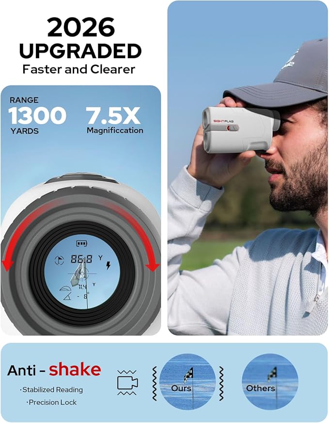 Golf Rangefinder with Slope, 1300 Yards Laser Range Finder for Hunting, 7.5X Magnification Flag Pole Locking Vibration Rechargeable Range Finders with Magnet Golf Accessories Gift for Men (Grey)
