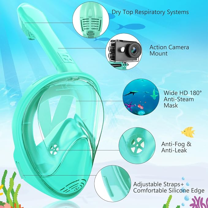 Kids Snorkel Mask Full Face, Snorkeling Gear for Kids with Camera Mount, 180 Degree Panoramic View Snorkeling Set Anti-Fog Anti-Leak