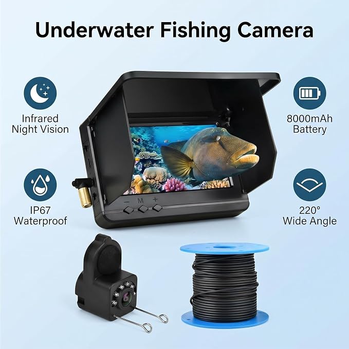 Underwater Fishing Camera with Infrared Night Vision, IP67 Waterproof Portable Fish Finder for Ice Fishing, Kayak, Boat, River & Lake