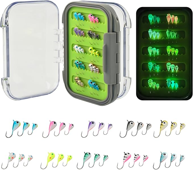 Tungsten Ice Fishing Jigs Kit, 3.2/4/5mm Glow in Dark Tear Drop Ice Fishing Lure Jigs with Waterproof Two-Sided Jig Box Assortment 20/24/30