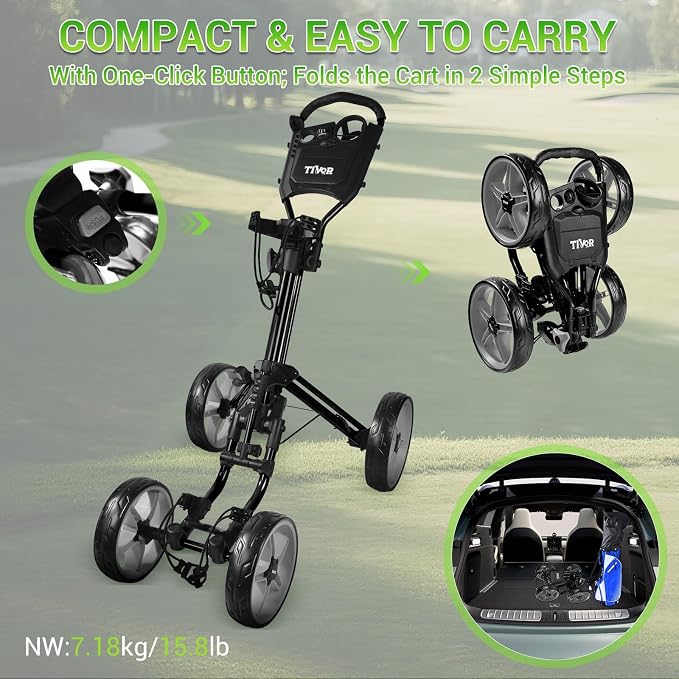 Tivor Lightweight Golf Push cart 4 Wheel Foldable Golf Trolley for Adults and Junior with Ergonomic Adjustable Handle, Scorecard Holder, Umbrella Mount, Foot Brake, All-Terrain Wheels