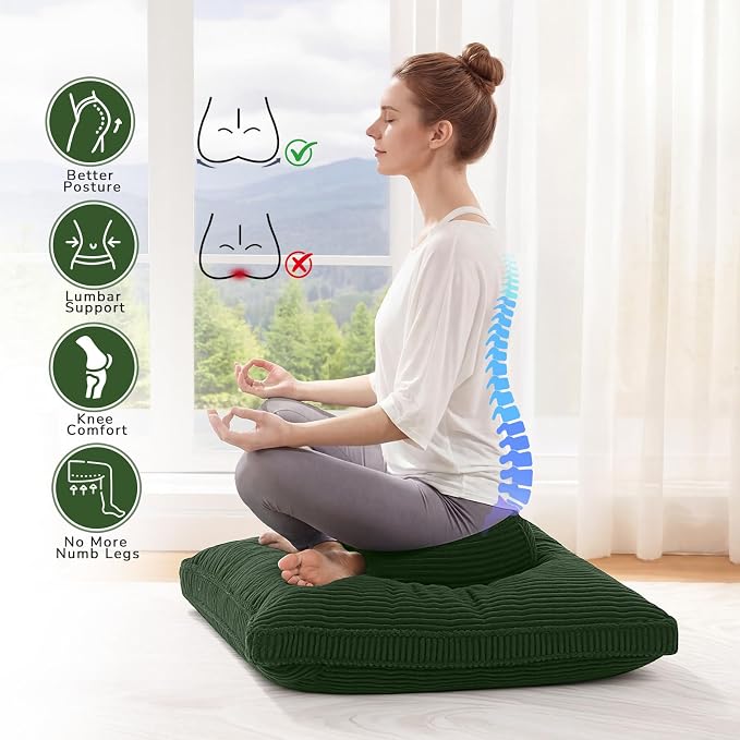 Meditation Cushion Set 32in, Large Round Zafu Floor Pillow for Adults, Soft Meditation Pillow Yoga, Zabuton Prayer Pad Set to Mindfulness, Yoga, Removable Corduroy Cover, Green