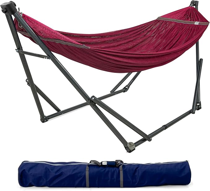 Tranquillo Adjustable Hammock Stand, Collapsible Camping Hammock with Stand, 600 lbs Capacity Hammock Stand for 2 Persons, Foldable Sturdy Noiseless Stand for Active Life Carry Bag Included, Red