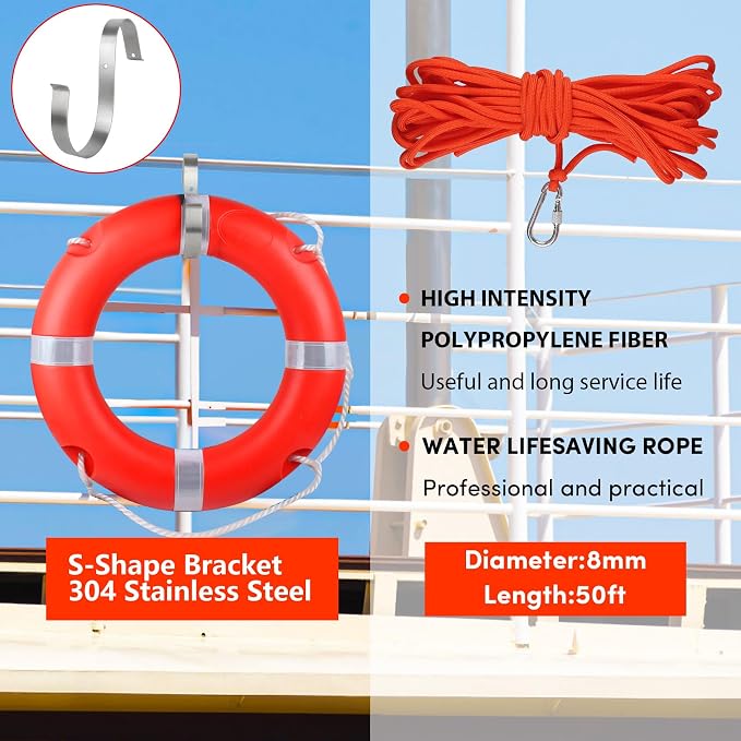 Life Ring 23"/28" Boat Safety Throw Buoy with Reflective Tape & Grab Lines - Orange Life Rings for Boats,Includes Water Floating Saving Rope