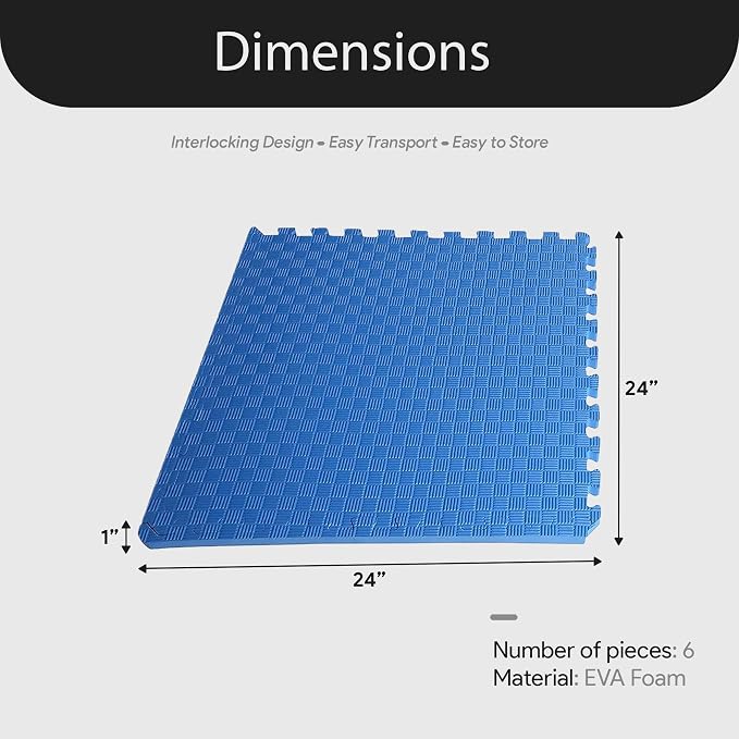 BalanceFrom Puzzle Exercise Mat 1" Thick, EVA Interlocking Foam Floor Tiles for Home Gym, Mat for Home Workout Equipment, Floor Padding for Kids, Blue, 24 in x 24 in x 1 in, 24 Sq Ft - 6 Tiles