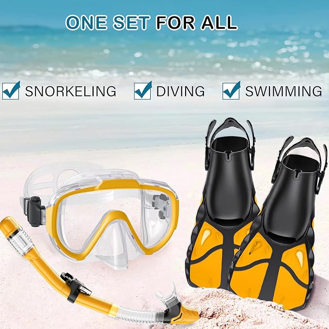 Snorkel Set with Fins for Adults, Snorkeling Gear for Adults Men and Women, Snorkle, Mask Set Adults Dry Top Snorkel Mask Combo Set with Travel Bag for Snorkeling, Diving, Swimming