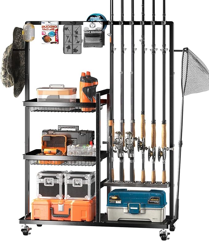 SOYEEZE Fishing Rod Holders for Garage, Fishing Pole Rack-360 Degree Rotating, Floor Stand Fishing Rod Storage Holds Up to 12 Rods, Space-Saving Pole Organizer with Unique Hook & Basket Design