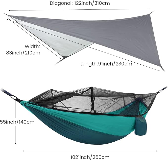 Camping Hammock with Mosquito Net & Rain Fly Tent Tarp & Tree Straps Portable Strong Nylon Hammock Parachute Tent w/Storage Bag for Camping Hiking Backyard Outdoor Backpacking Travel