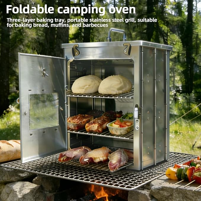 16-Inch H Folding Camping Oven - 3-Tier Grates, Portable Stainless Steel Grill for Baking Bread, Muffins & BBQ, Compatible with Wood-Burning & Propane Stoves