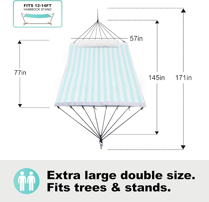 GAFETE 14ft 2 Person Hammock for Outside, Quick Dry Textilene, Portable Hammocks Without Stand with Folding Steel Spreader Bar, Carrying Bag, Tree Straps, Pillow & Sidebag, 550 lbs Capacity (Cyan)