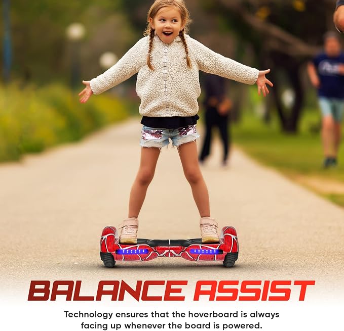 Spider-Pattern Hover Board for Kids Ages 6-12, with Bluetooth Speaker and LED Lights 6.5" Hover Board, UL2272 Safety Certified (Red)