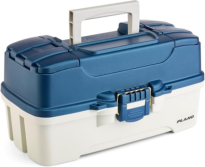 Plano Three-Tray Tackle Box Striper Kit, Blue/Grey, Rust-Proof Brass Latch, Top-Access Tray Compartments with Deep Storage, Made in the USA, Portable Fishing Gear Storage Organizer